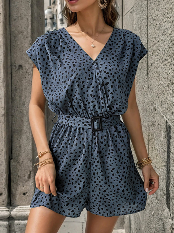 Weit geschnittener Strampler mit Leopardenmuster und Gürtel für Damen – Kurzer Playsuit mit Katzenmuster