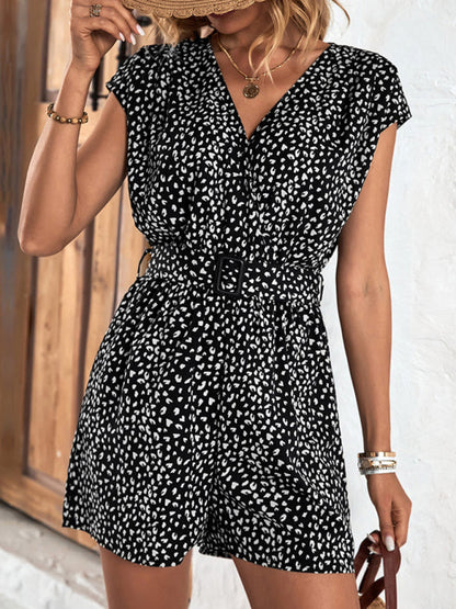 Women's Wide-Leg Leopard Belted Romper - Feline Print Short-Length Playsuit