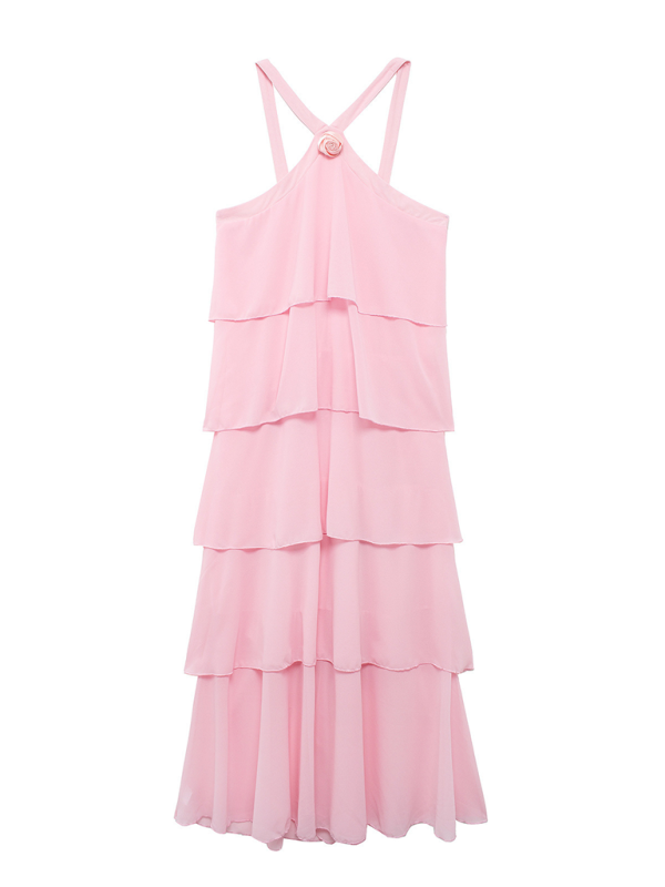 Tiered Dresses - Rosette Floor-Length Pink Ruffle Tiered Dress