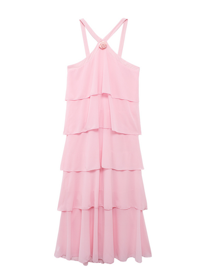 Tiered Dresses - Rosette Floor-Length Pink Ruffle Tiered Dress