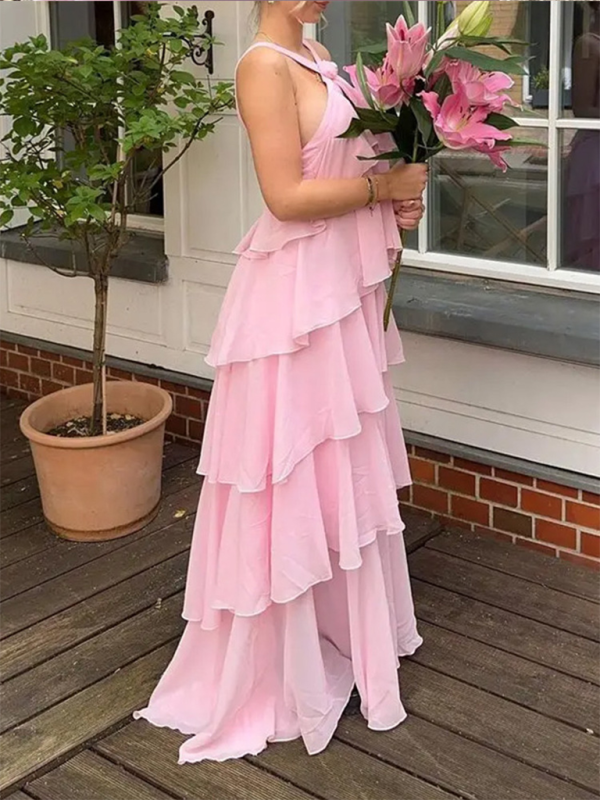 Tiered Dresses - Rosette Floor-Length Pink Ruffle Tiered Dress