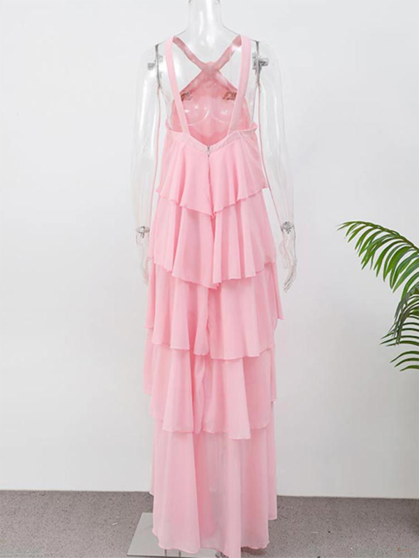 Tiered Dresses - Rosette Floor-Length Pink Ruffle Tiered Dress