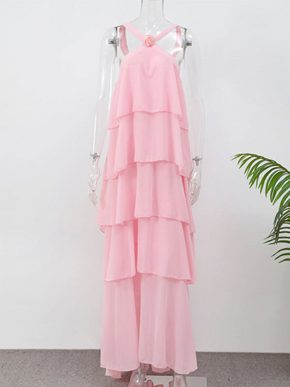 Tiered Dresses - Rosette Floor-Length Pink Ruffle Tiered Dress