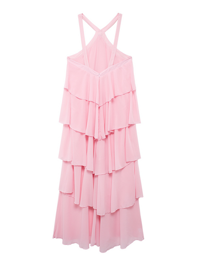 Tiered Dresses - Rosette Floor-Length Pink Ruffle Tiered Dress