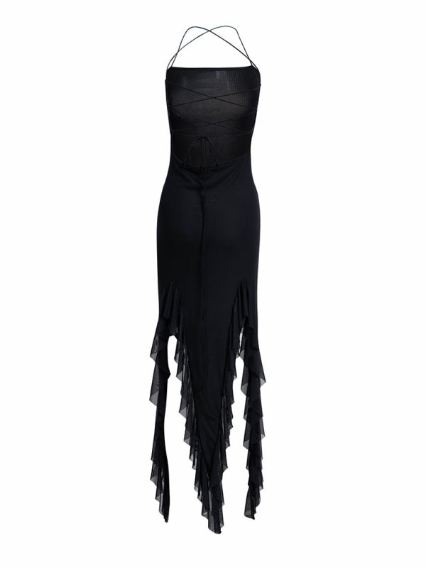 Party Backless Bodycon Maxi Dress with Slits & Ruffle Accents