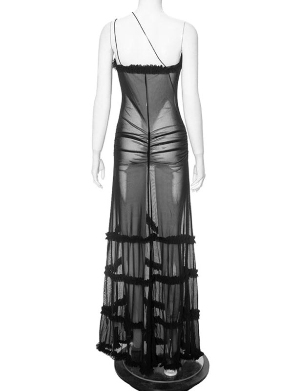 Runway Dresses- Runway-Inspired Maxi Dress with See-Through Cutout and Frill Accents- - Chuzko Women Clothing