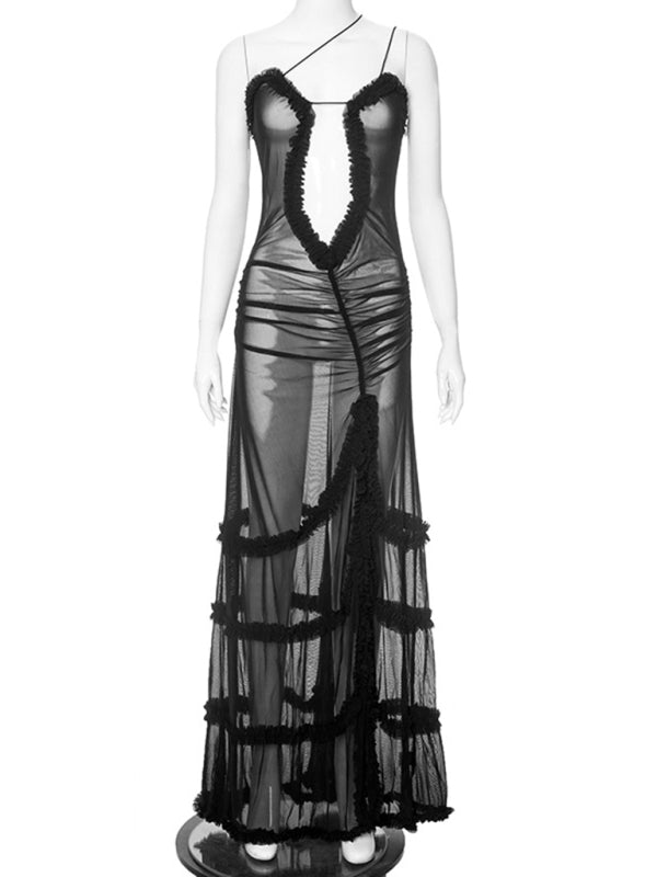 Runway Dresses- Runway-Inspired Maxi Dress with See-Through Cutout and Frill Accents- - Chuzko Women Clothing