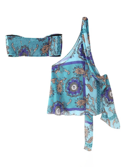 Runway Tops- Mermaid Magic Blue Print Two-Piece Set - Tube Bra & One-Shoulder Cover-Up- - Chuzko Women Clothing