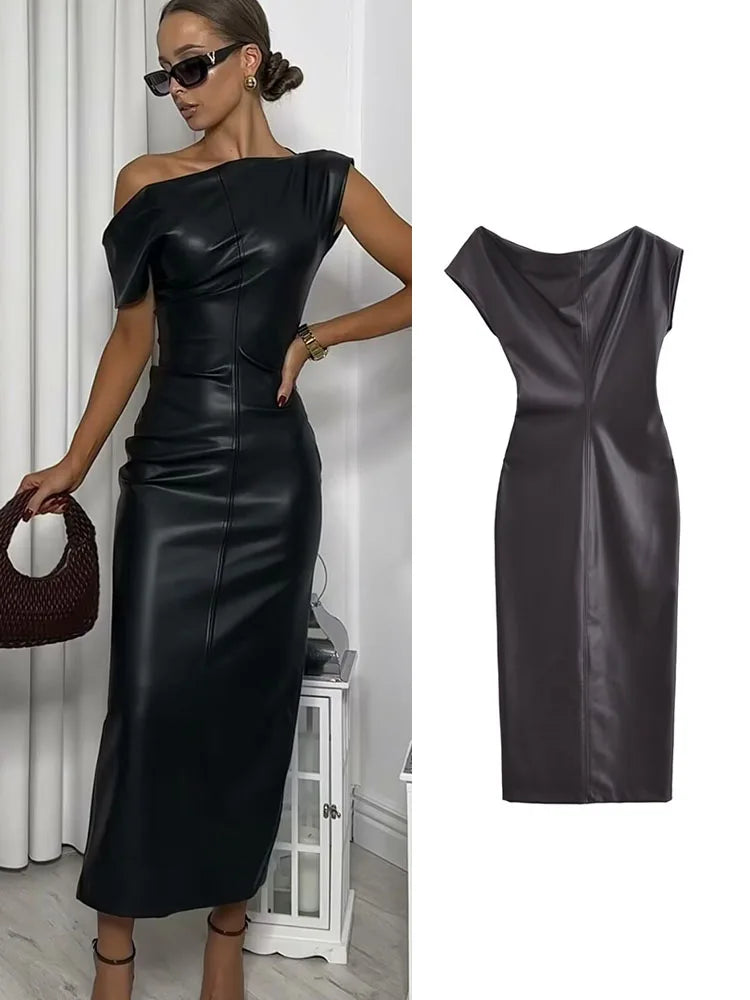 Bodycon dresses - Elegant Winter Faux Leather Cocktail Dress