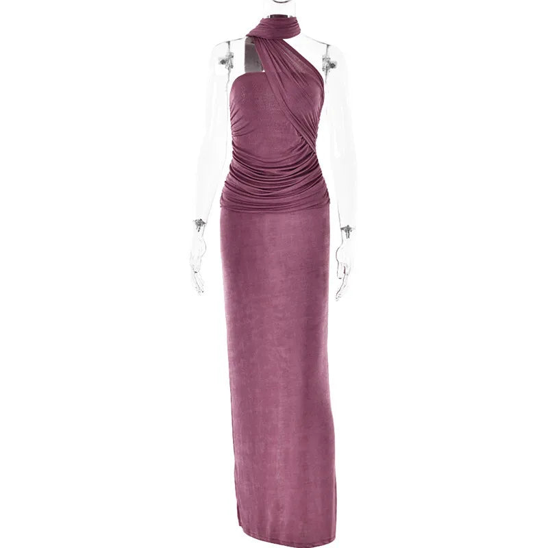 Evening Gown - Backless Halter Ruched Maxi Dress for Evening Parties