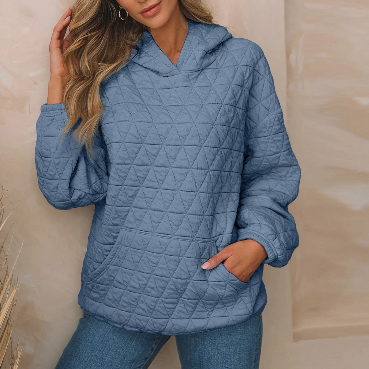 Women Sweatshirts & Hoodies - Sweatshirt Quilted Hoodie Kangaroo Pouch