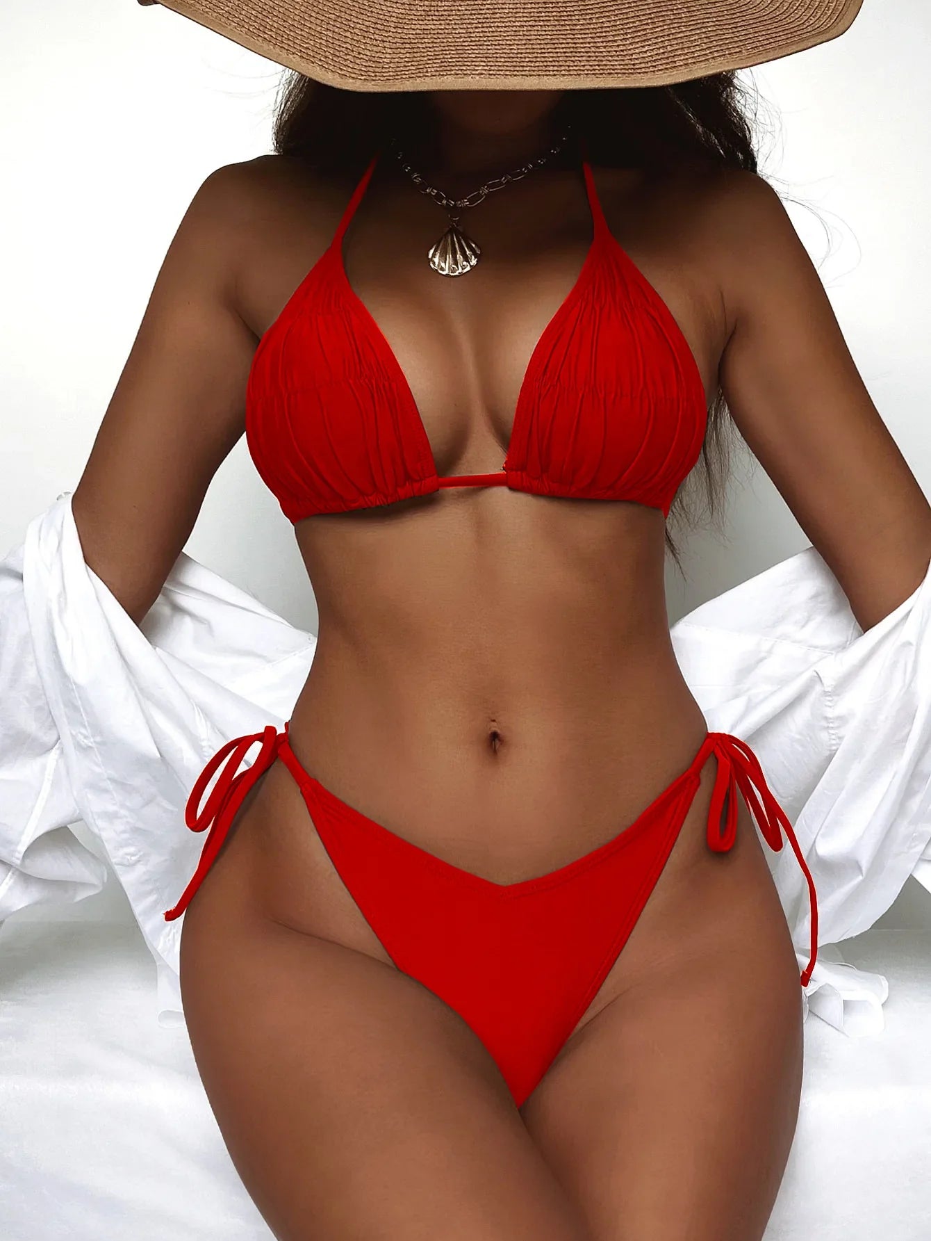 Swimwear- Women's Contrast Binding Swimsuit - Sparkle String Bikini- Red- Pekosa Women Fashion