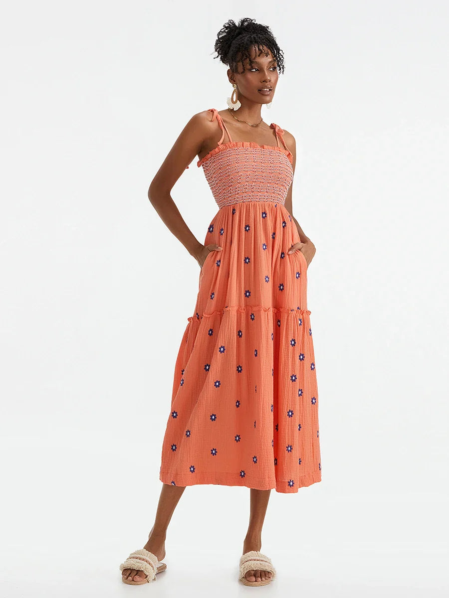 Vacation Dresses- Floral Embroidered Midi Dress for Summer Casual Evenings- Orange- Pekosa Women Fashion