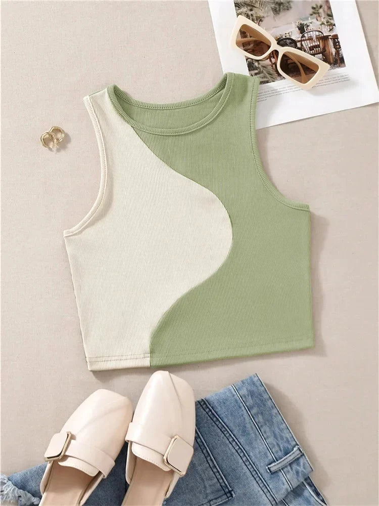 Crop Tops - Patchwork Rib Knit Sleeveless Crop Top - Tank Top Tee