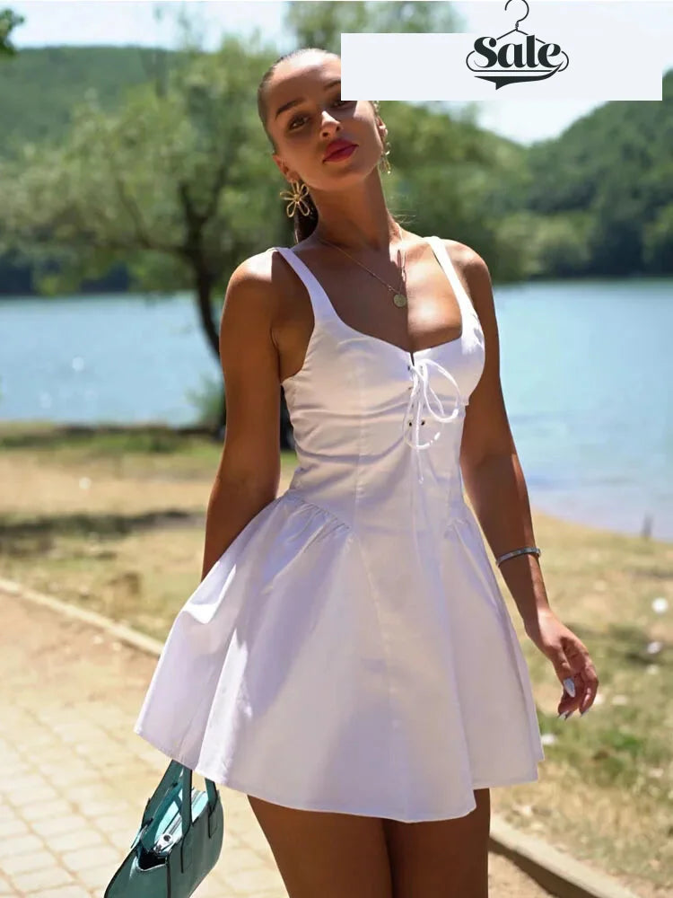 Summer Dresses - Women Fashion White Sexy Sleeveless Backless Side Zipper Slim Mini Dress Female Summer Chic Lace Up Folds Decorate Dress