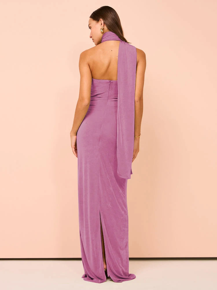 Evening Gown - Backless Halter Ruched Maxi Dress for Evening Parties