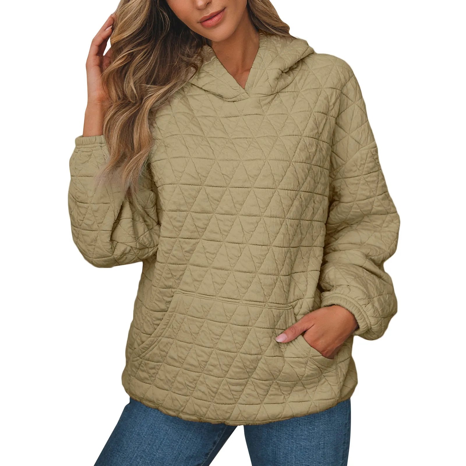 Women Sweatshirts & Hoodies - Sweatshirt Quilted Hoodie Kangaroo Pouch