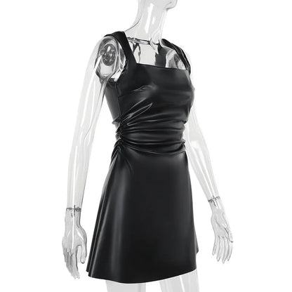 Faux Leather Mini Dresses - High-Waisted Black Leather Party Dress