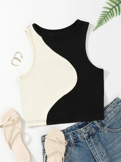 Crop Tops - Patchwork Rib Knit Sleeveless Crop Top - Tank Top Tee