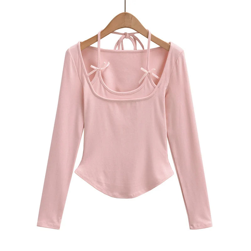 Halter Tops - Halter Crop Top Faux 2 Pieces Long Sleeve