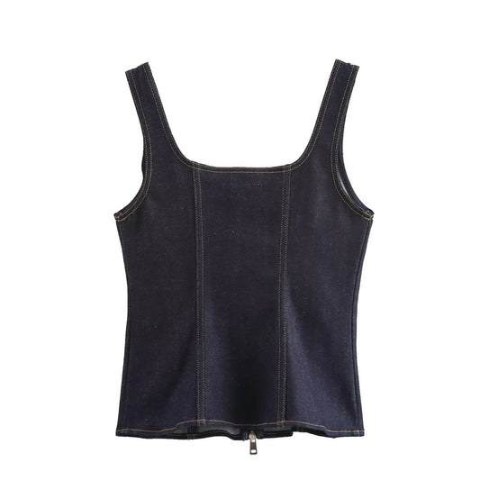 Denim Tops - Women Summer Vintage Denim Solid Vests Fashion Zipper Slim Sleeveless Women Folds Square Neck Casual Pleated Vest