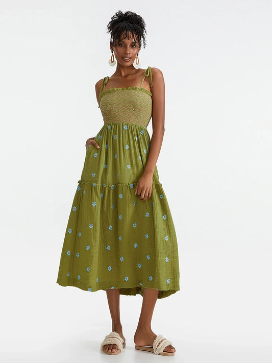 Vacation Dresses- Floral Embroidered Midi Dress for Summer Casual Evenings- Olive Green- Pekosa Women Fashion