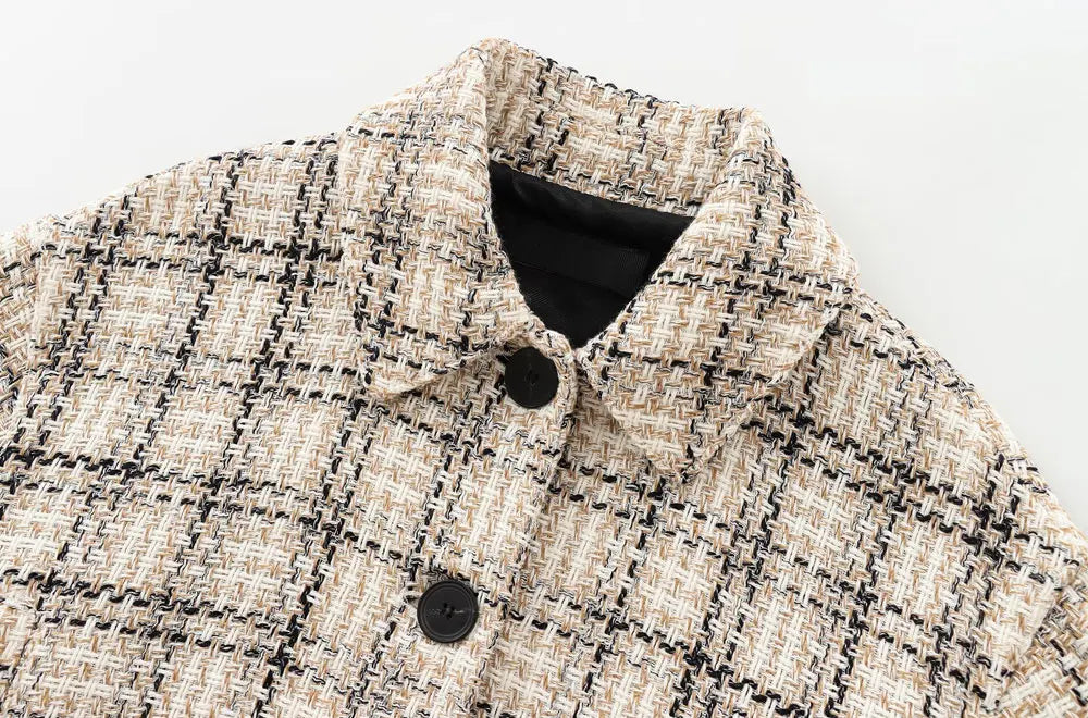 Boucle Jackets - Tweed Boucle Workwear Winter Plaid Cropped Jacket