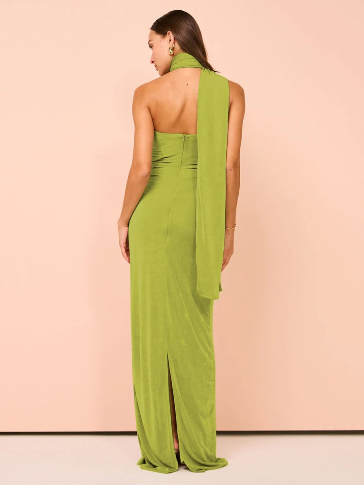 Evening Gown - Backless Halter Ruched Maxi Dress for Evening Parties