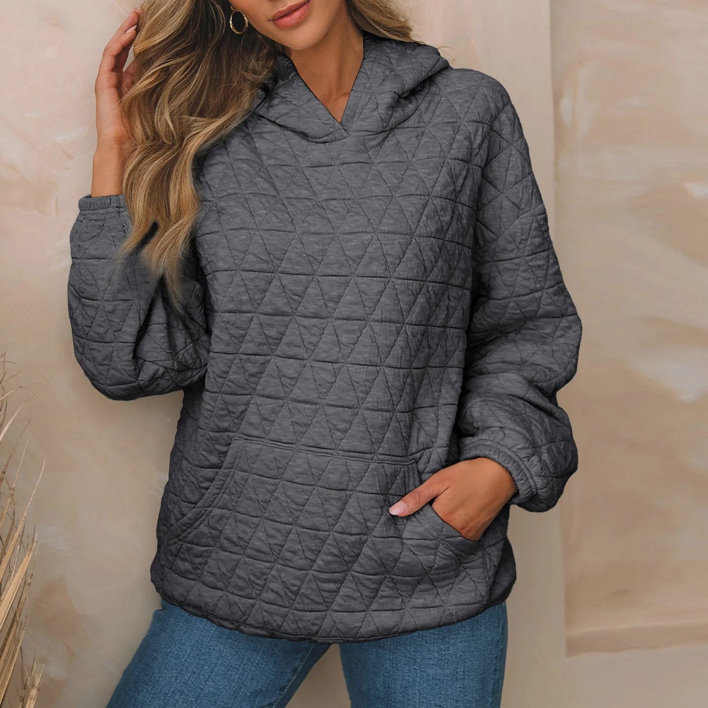 Women Sweatshirts & Hoodies - Sweatshirt Quilted Hoodie Kangaroo Pouch