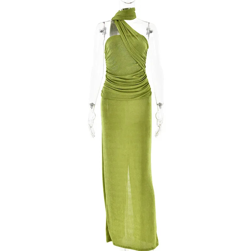 Evening Gown - Backless Halter Ruched Maxi Dress for Evening Parties