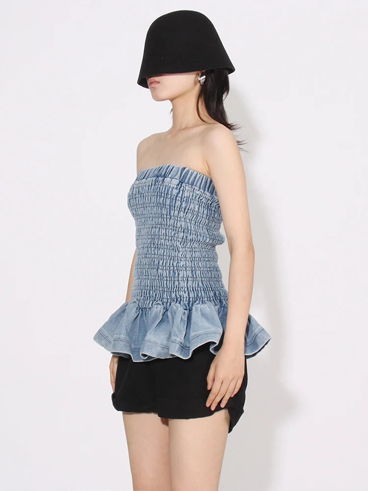 Tube Tops - Denim Tube Top with Ruffle Hem