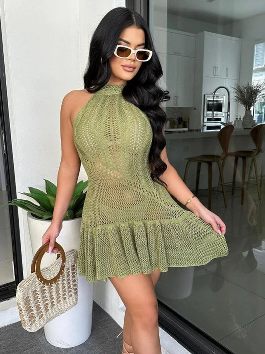 Knit Dresses - Beach Dress Women Halter Knit Backless Bandage Sleeveless Stretch Elegant Chic Hem Vacation Birthday Party Bodycon