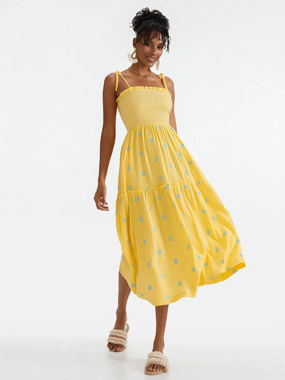 Vacation Dresses- Floral Embroidered Midi Dress for Summer Casual Evenings- Yellow- Pekosa Women Fashion