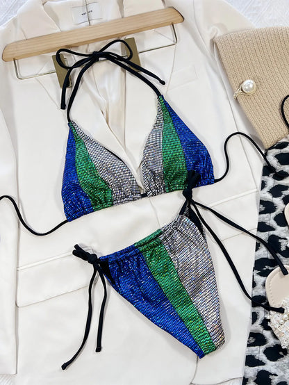 Swimwear- Women's Contrast Binding Swimsuit - Sparkle String Bikini- - Pekosa Women Fashion