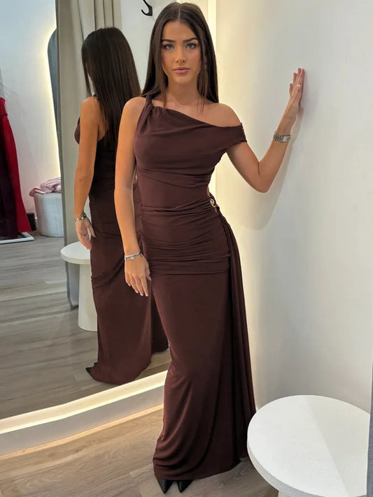 Elegant Dresses - Oblique Shoulder Backless Sexy Maxi Dress For Women Fashion Off-shoulder Sleeveless High Waist Bodycon Club Long Dress