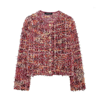 Cardigans - Multicolor Tweed Knit Cardigan Fluffy Office Knitwear