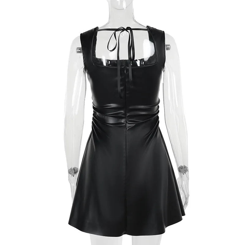 Faux Leather Mini Dresses - High-Waisted Black Leather Party Dress