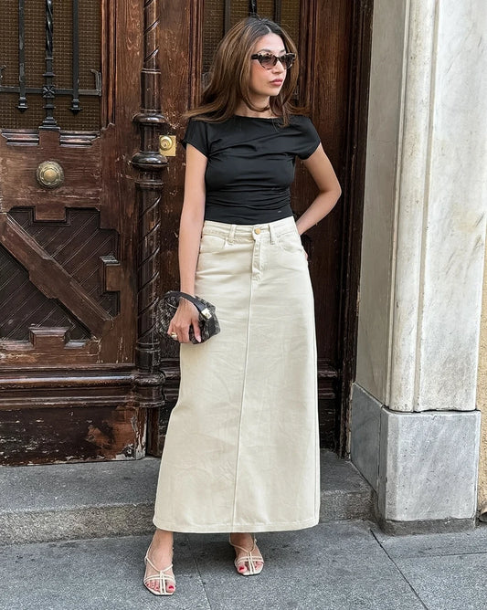  - Beige Cotton Long Skirts Women High Waist Pleated Casual Straight Straight Spring 2025 Office Ladies Pockets Skirts