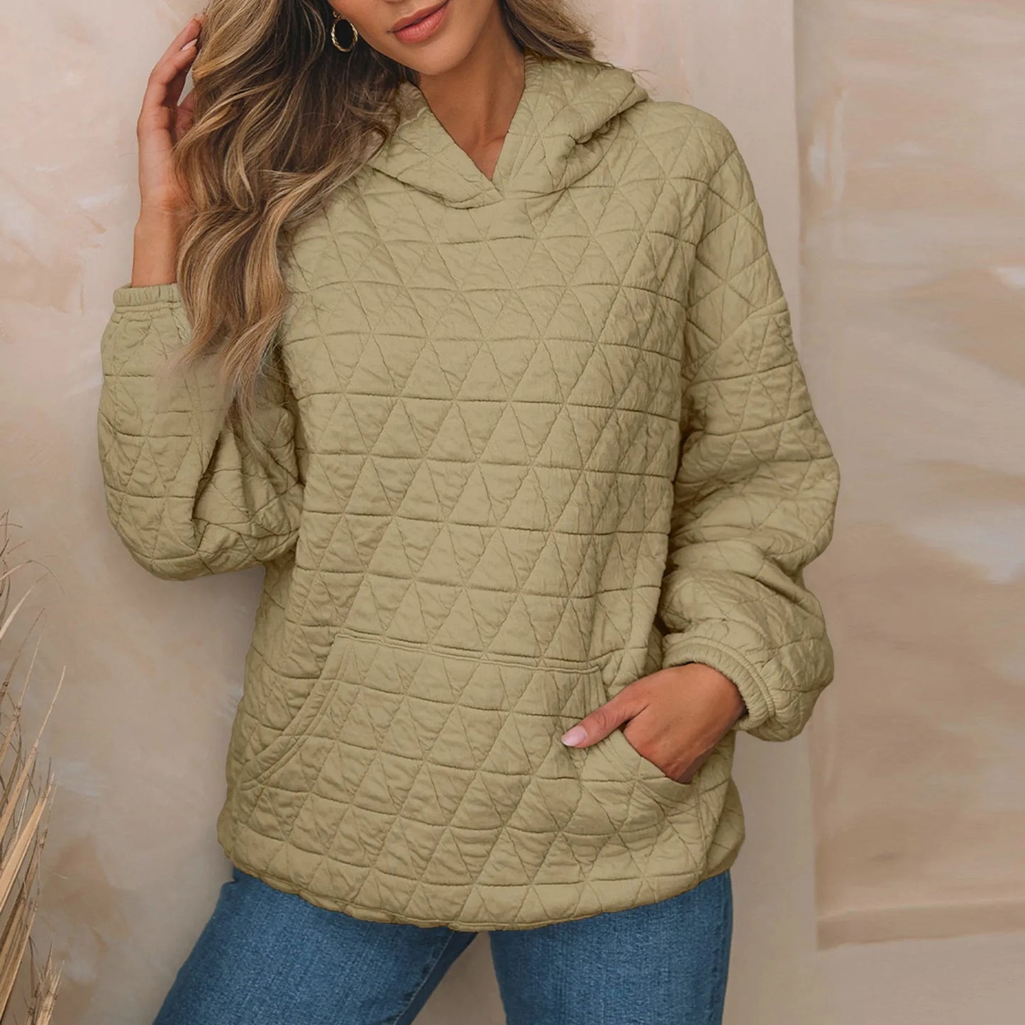 Women Sweatshirts & Hoodies - Sweatshirt Quilted Hoodie Kangaroo Pouch