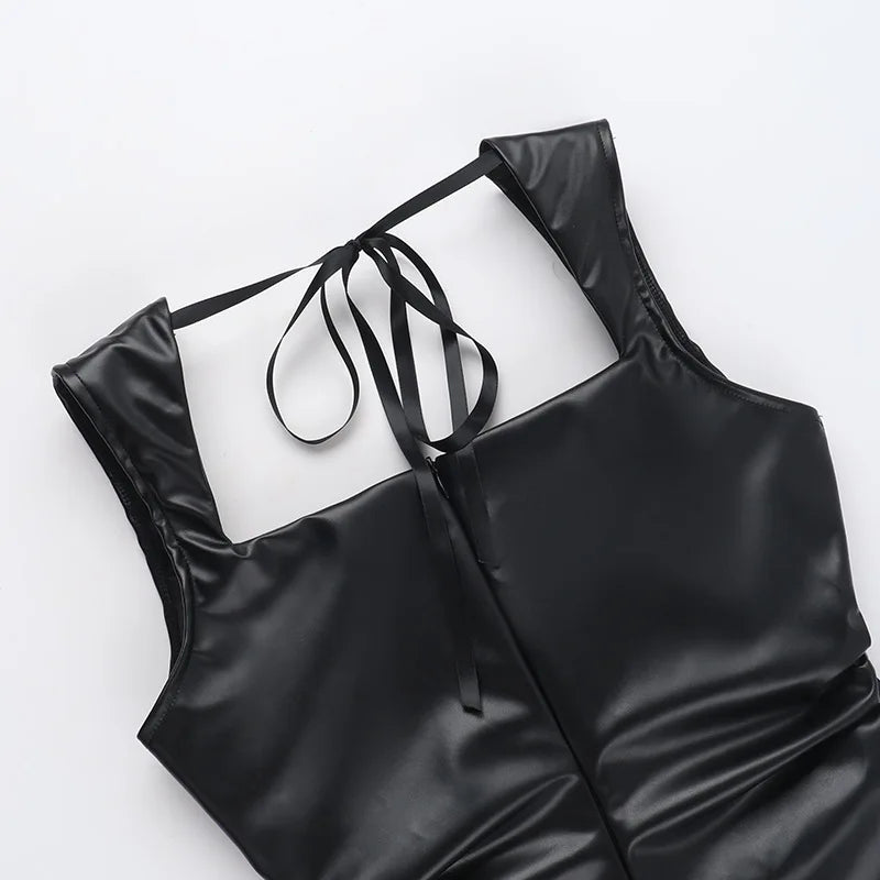 Faux Leather Mini Dresses - High-Waisted Black Leather Party Dress