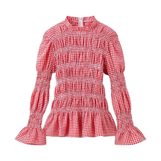 Blouses - Women's Summer European and American Fashion Solid Color Ruffle Edge Pleated Design Long sleeved Casual Plaid Top