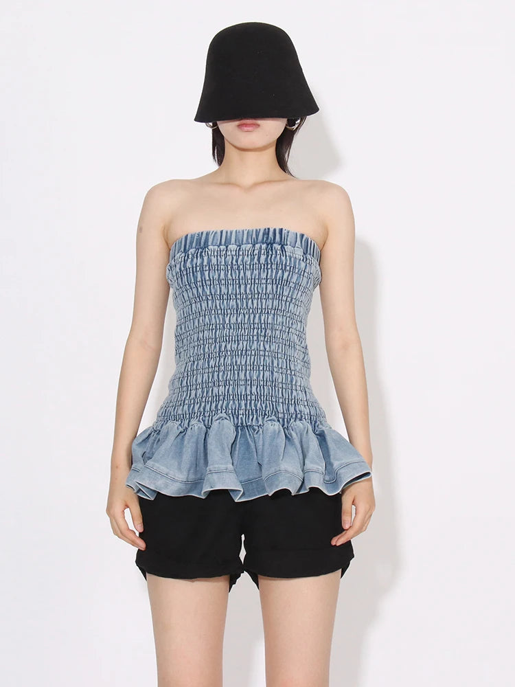 Tube Tops - Denim Tube Top with Ruffle Hem