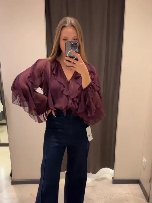 Blouses - Fashion Burgundy V Neck Layer Ruffles Shirts Women Elegant Full Sleeve Loose Blouse New Spring 2025 Lady Commuting Office Outfit