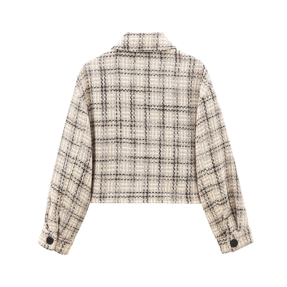 Boucle Jackets - Tweed Boucle Workwear Winter Plaid Cropped Jacket