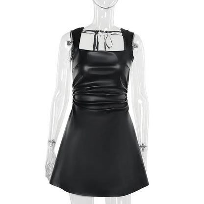 Faux Leather Mini Dresses - High-Waisted Black Leather Party Dress