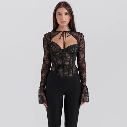 Sheer Tops - Sheer Lace Top with Flare Sleeves – Date Night Ready 💫