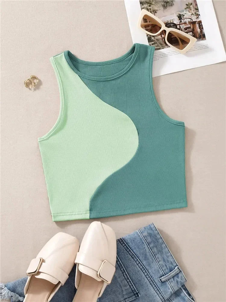 Crop Tops - Patchwork Rib Knit Sleeveless Crop Top - Tank Top Tee