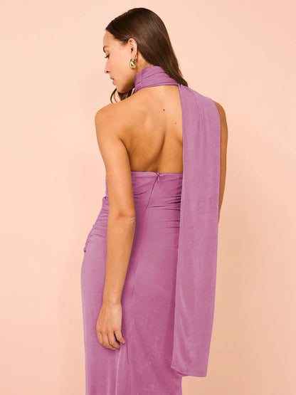 Evening Gown - Backless Halter Ruched Maxi Dress for Evening Parties