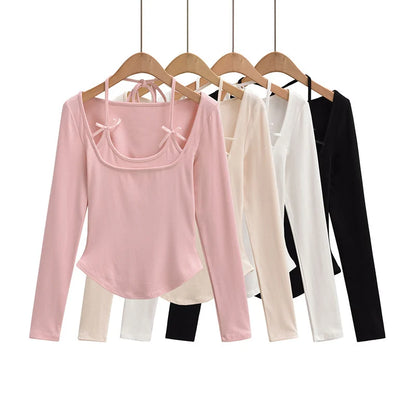 Halter Tops - Halter Crop Top Faux 2 Pieces Long Sleeve