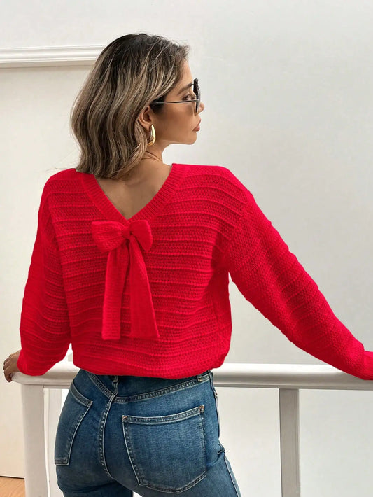 Sweaters - Ladies' casual elegant bow decoration shoulder sweater